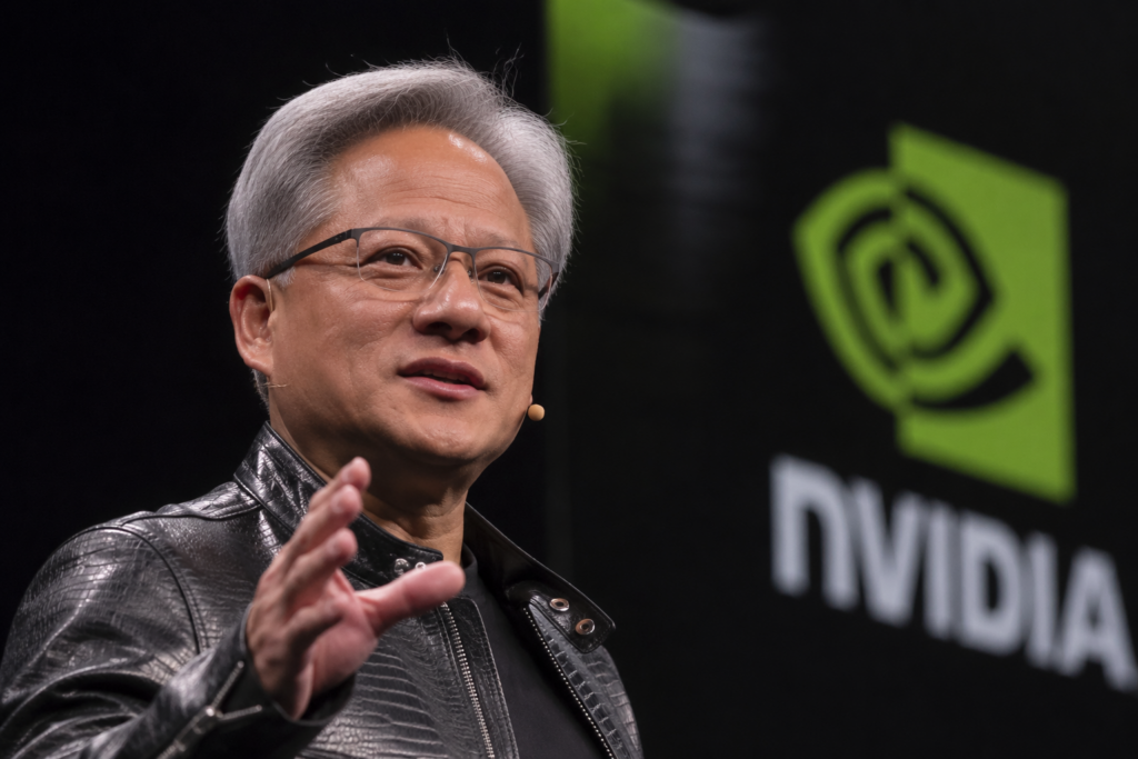 Nvidia stock analysis: top reasons why the shares may go parabolic soon Jensen Huang speaks on stage beside a large Nvidia logo during a technology event.