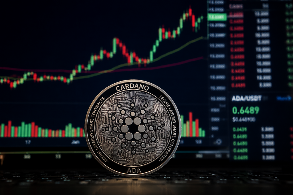 Top crypto price predictions: Quant (QNT), Zcash (ZEC), Cardano (ADA) Cardano ADA coin stands in front of a trading screen showing a rising crypto price chart.