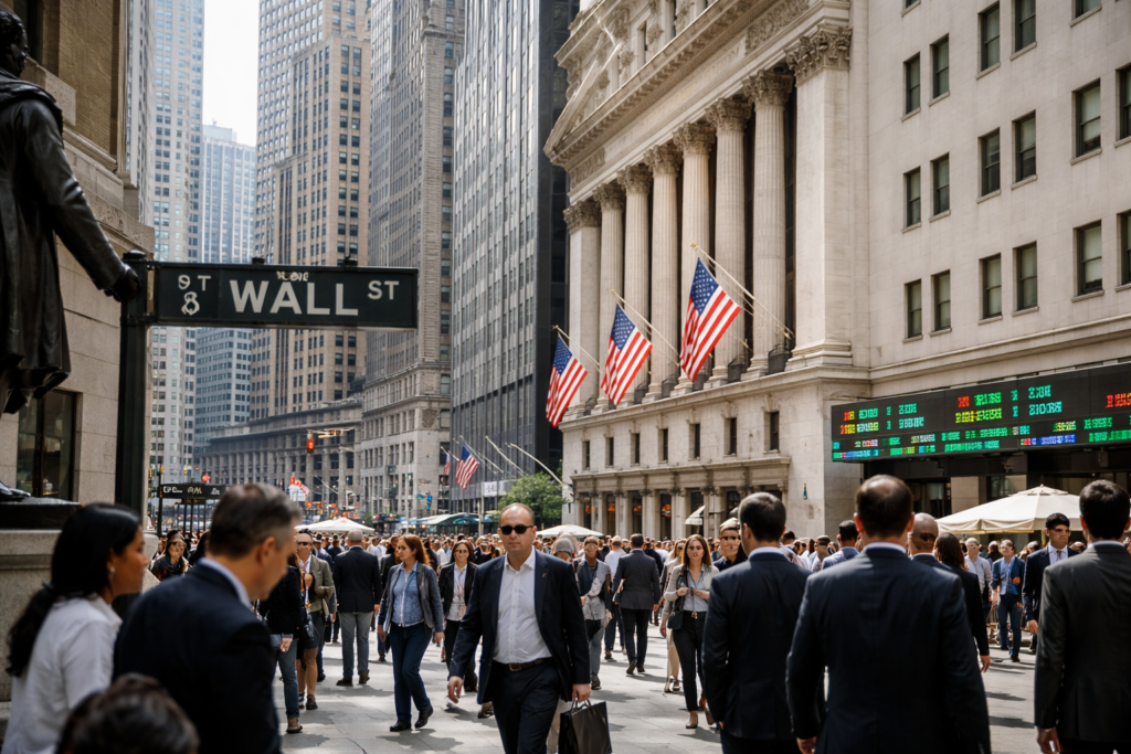 SCHD Outlook: Can the Dividend ETF Break to a New Record? Crowds walk through Wall Street beside the New York Stock Exchange and its American flags.